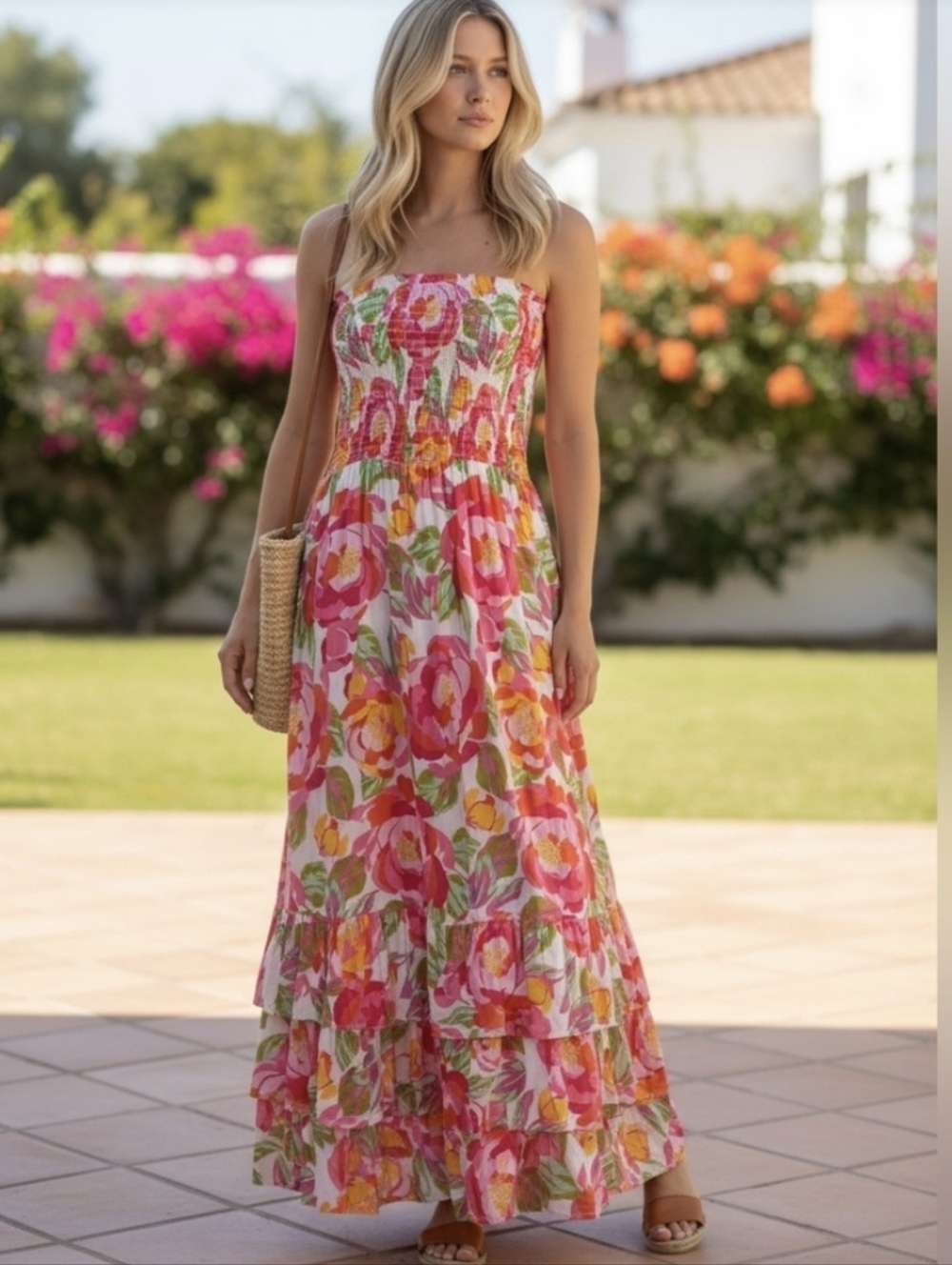 Abel The Label Mimosa Strapless Floral Print Smocked Bodice Tiered Maxi Dress S